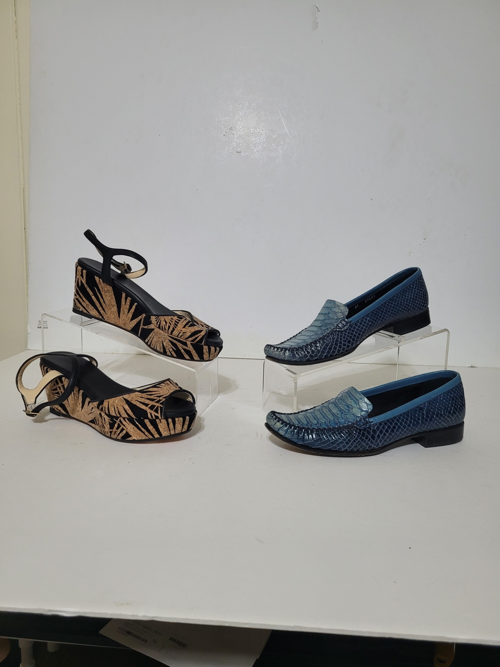 Jimmy Choo Cork Wedge Sandals Escade Blue Embossed Leather Loafers Women Size 37